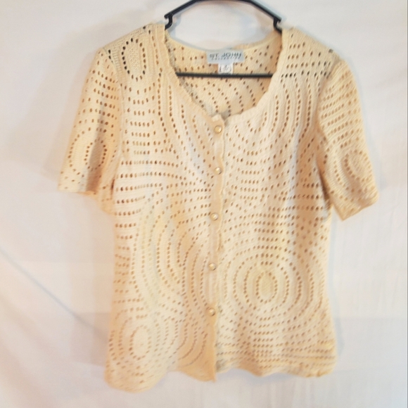 St. John Sweaters - ST. JOHN COLLECTION Women’s Size 14 Cream Crochet Open Knit Cardigan Sweater